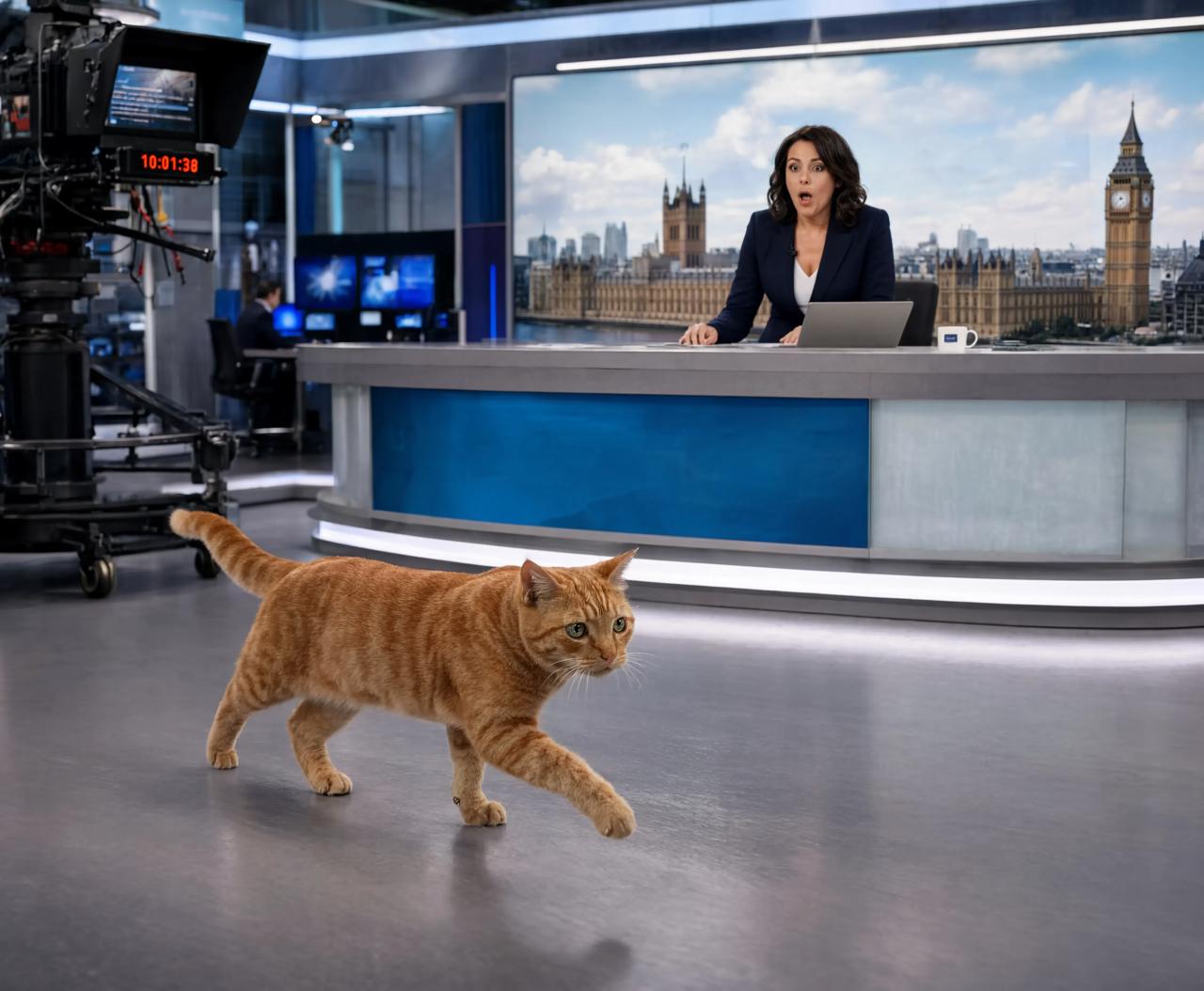 A cat walks across the studio mid-bulletin and the presenters cannot keep it together
